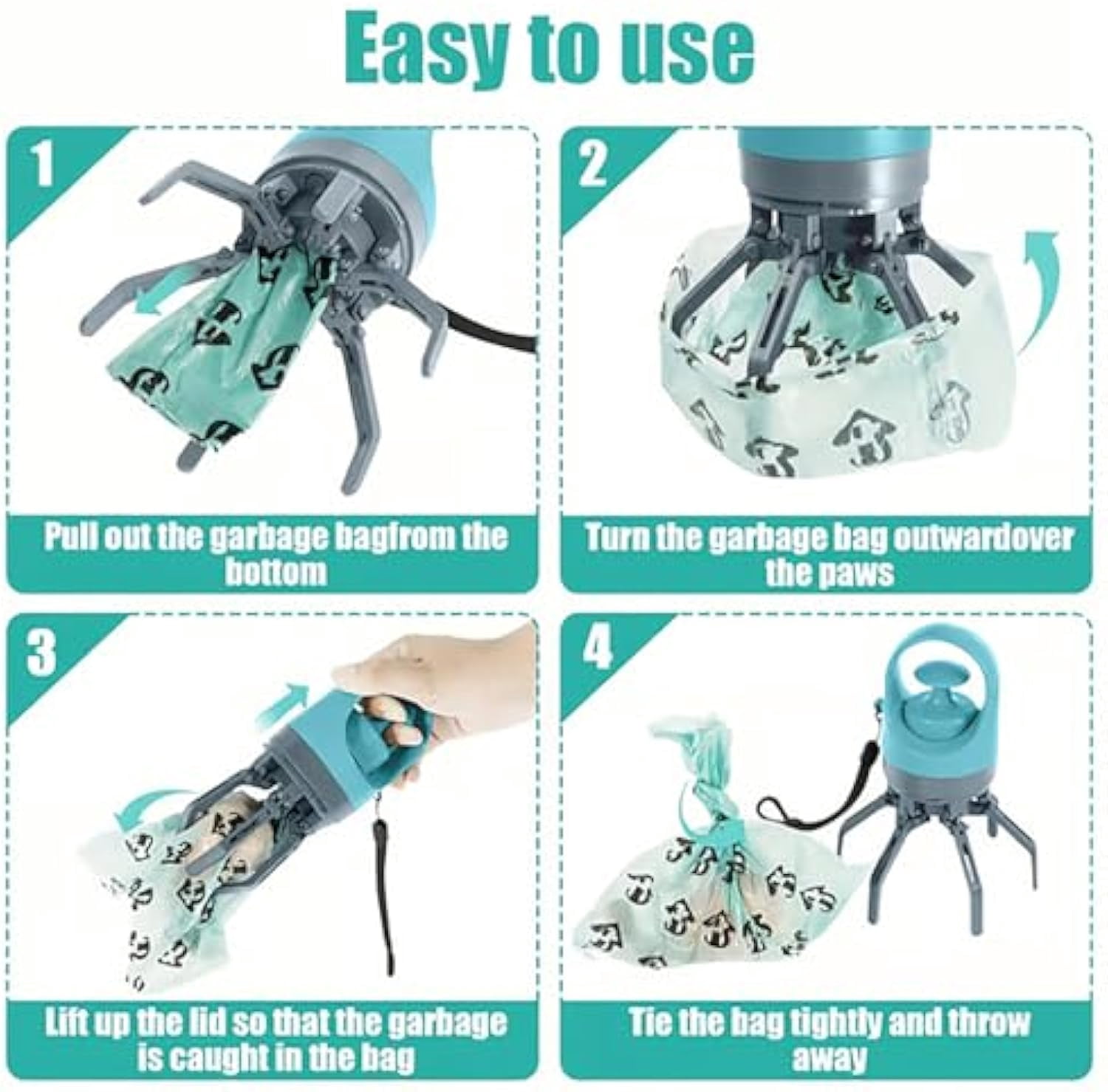 Portable Dog Waste with Bags, Portable 2 in 1 Dog Waste Pick-Up Claw, Holder & Claw Clip for Small Medium Large Dogs