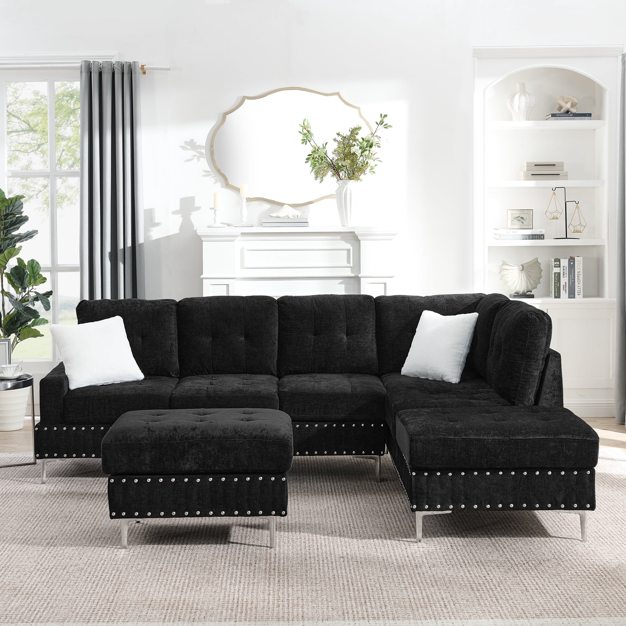 Leumius Modular Sectional Sofa with Chaise and Storage Ottoman,U/L Shaped Sectional Sofa with 2 Pillows,Modern Copper Nails Design Couch with Deep Seat and Thickened Cushion for Living Room,Black