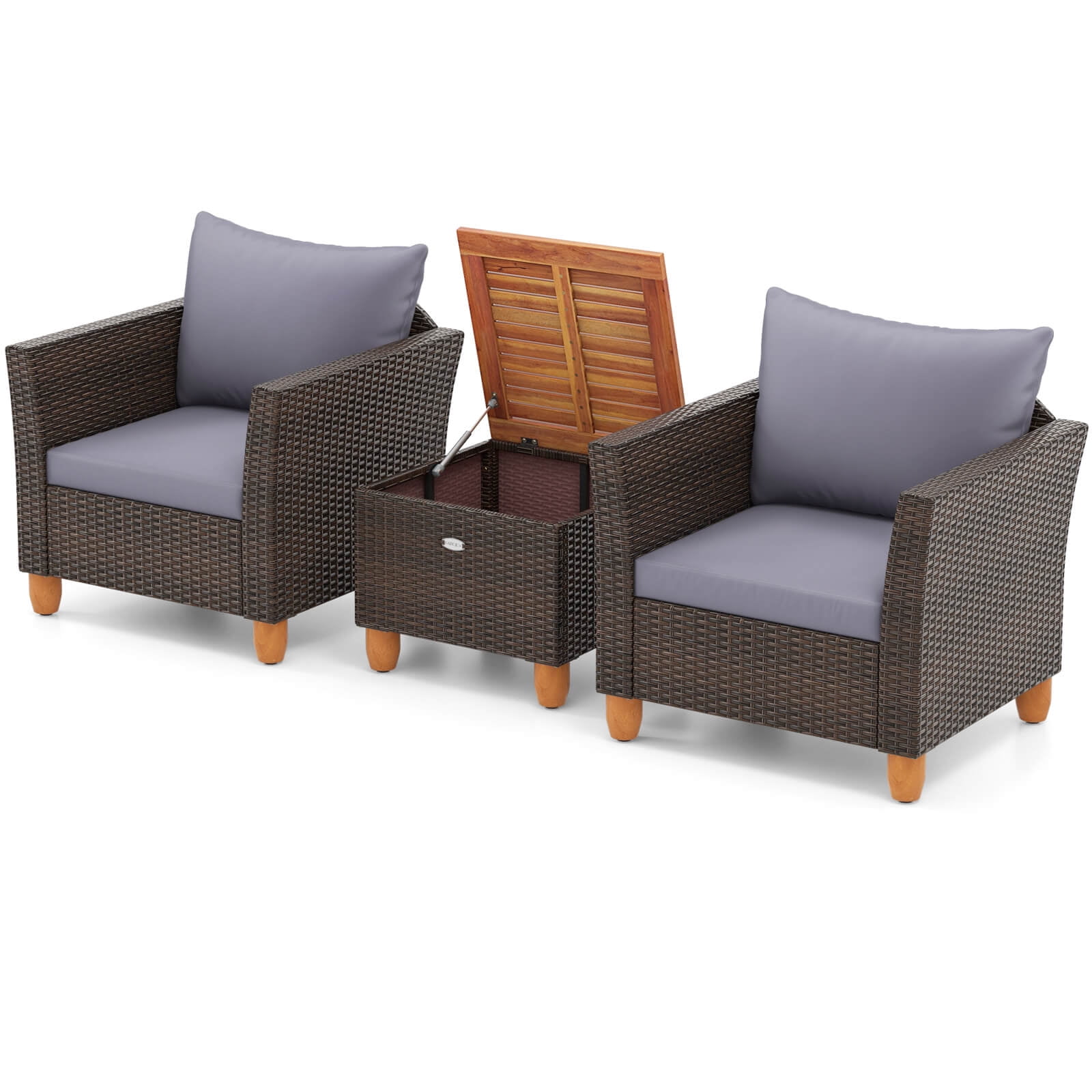 Costway 3 PCS Outdoor Patio Rattan Bistro Furniture Set Wooden Table Top Cushioned Sofa Gray