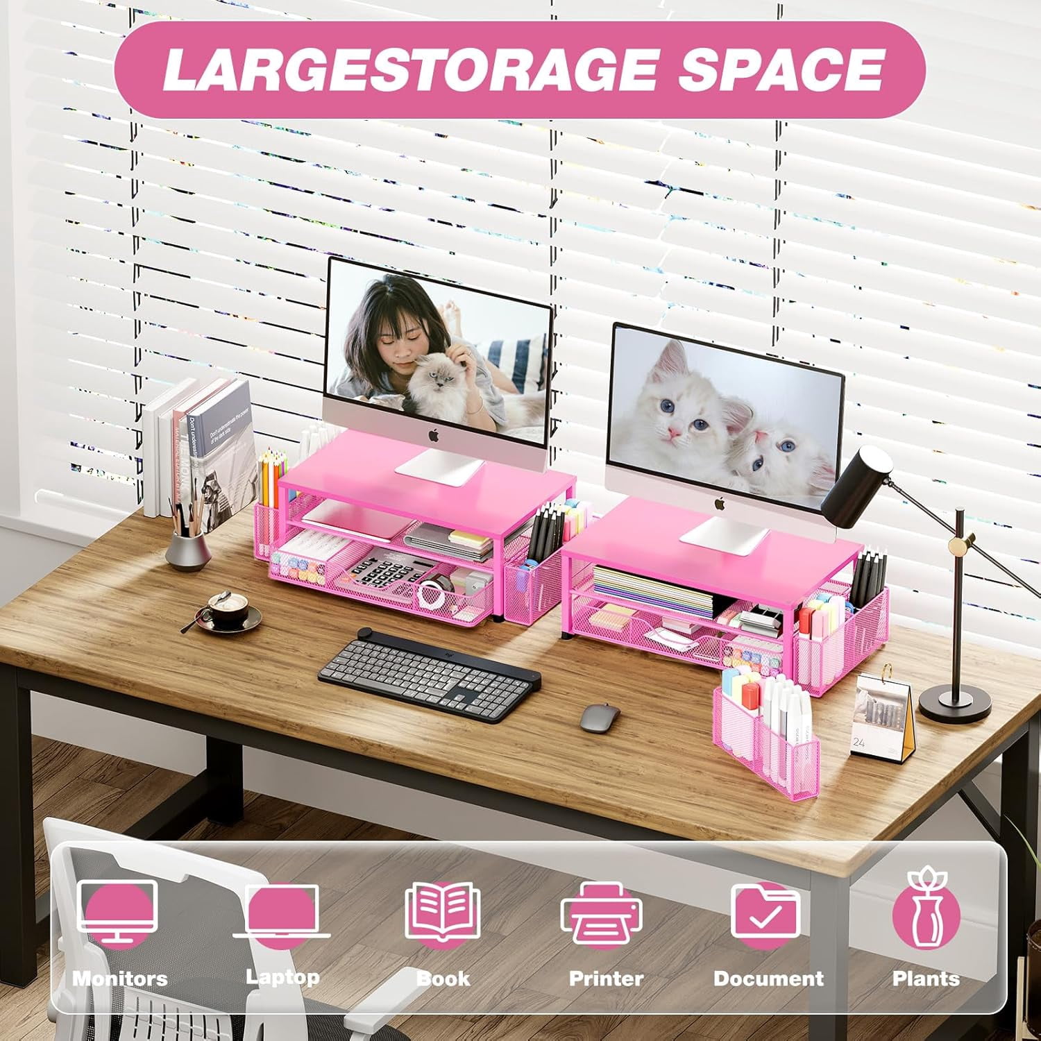 A house of tools Desk Organizer and Accessories, 2-Tier Computer Monitor Stand with Drawer and 2 Pen Holders, Office Desk Accessories for Office Supplies, Carmine Rose