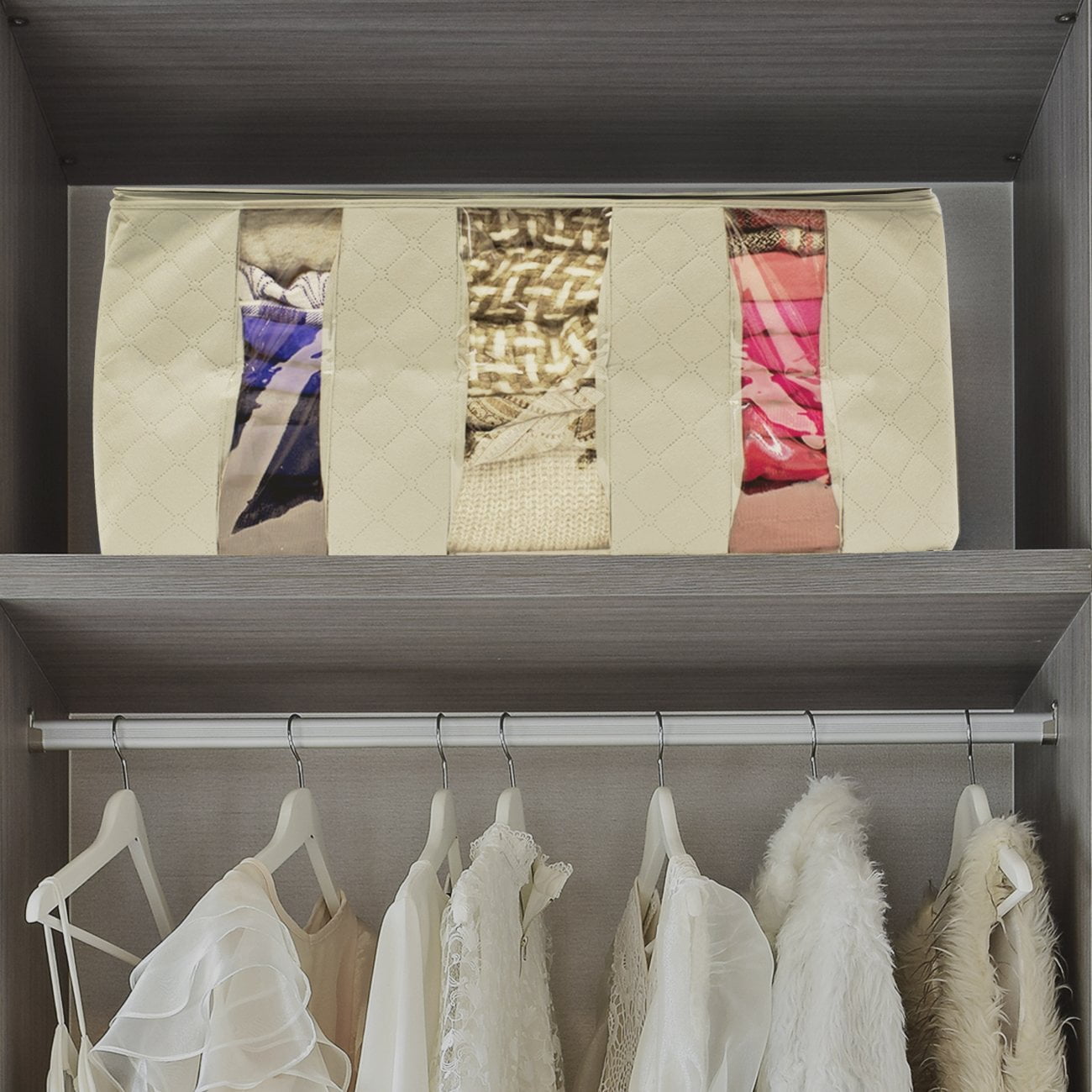 Sorbus 3-Section Foldable Storage Bag Organizers – Clothes, Blankets, Closet & Bedroom Storage, Beige