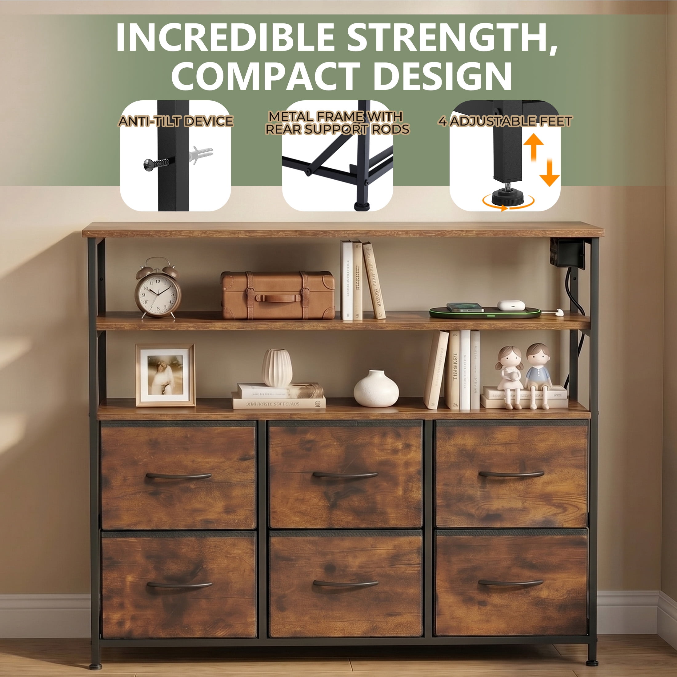 CONCETTA TV Stand for 45 Inch TV, 6-Drawer Dresser with 3-Tier Open Shelves, LED Lights, Charging Station, Wood Top Entertainment Center for Bedroom, Living Room, Hallway, Rust
