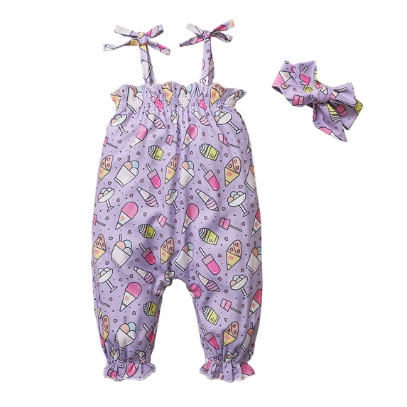 Newborn Baby Girls Outfits Onesies Bodysuit Round Neck Sleeveless Ice Cream Print Strap Jumpsuit + Headband 2PCS Clothes Set 6-9 Months,Purple