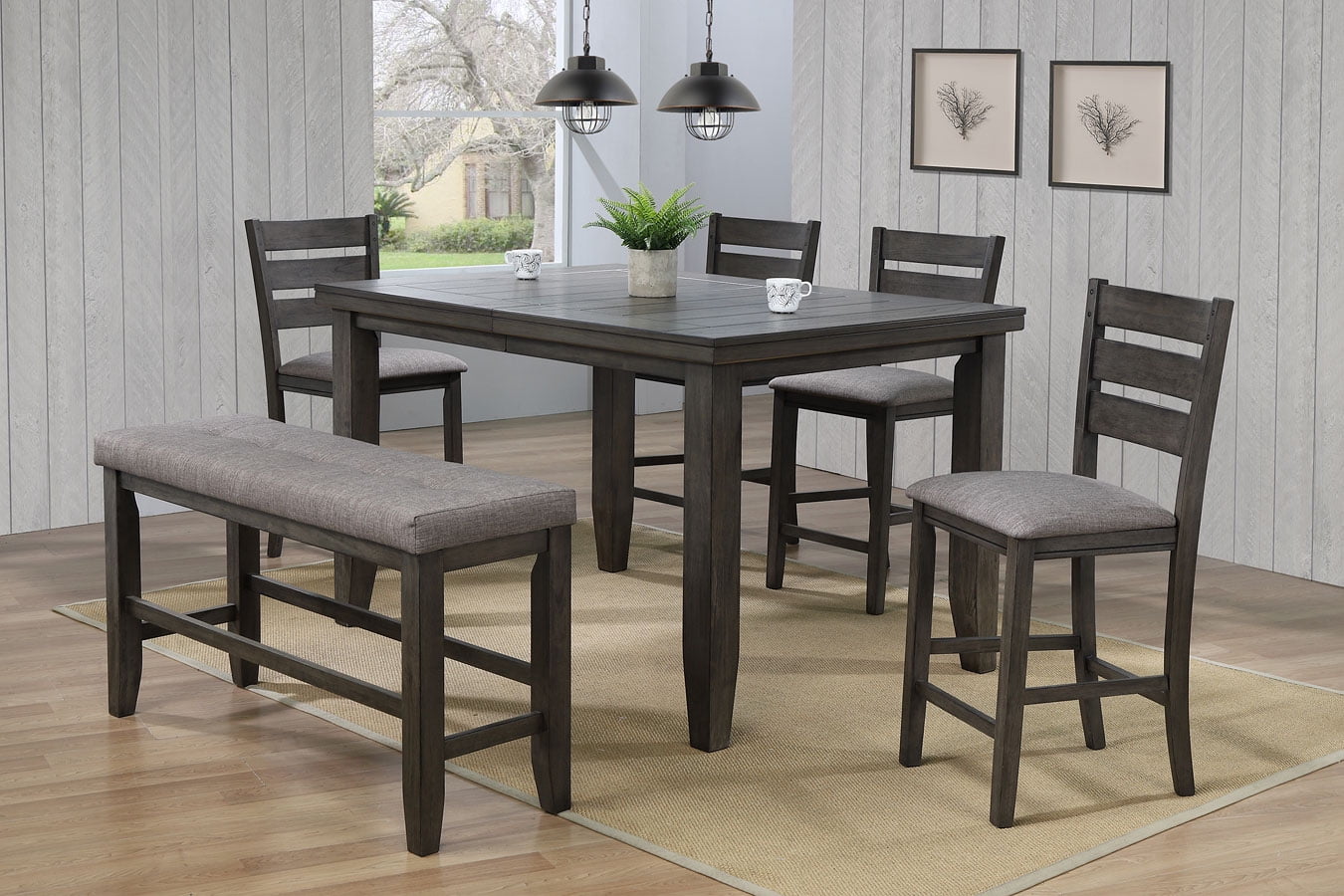 Grey Table And Bench Set Contemporary Style Grey 6-Piece Counter Height Set Table w/Chairs