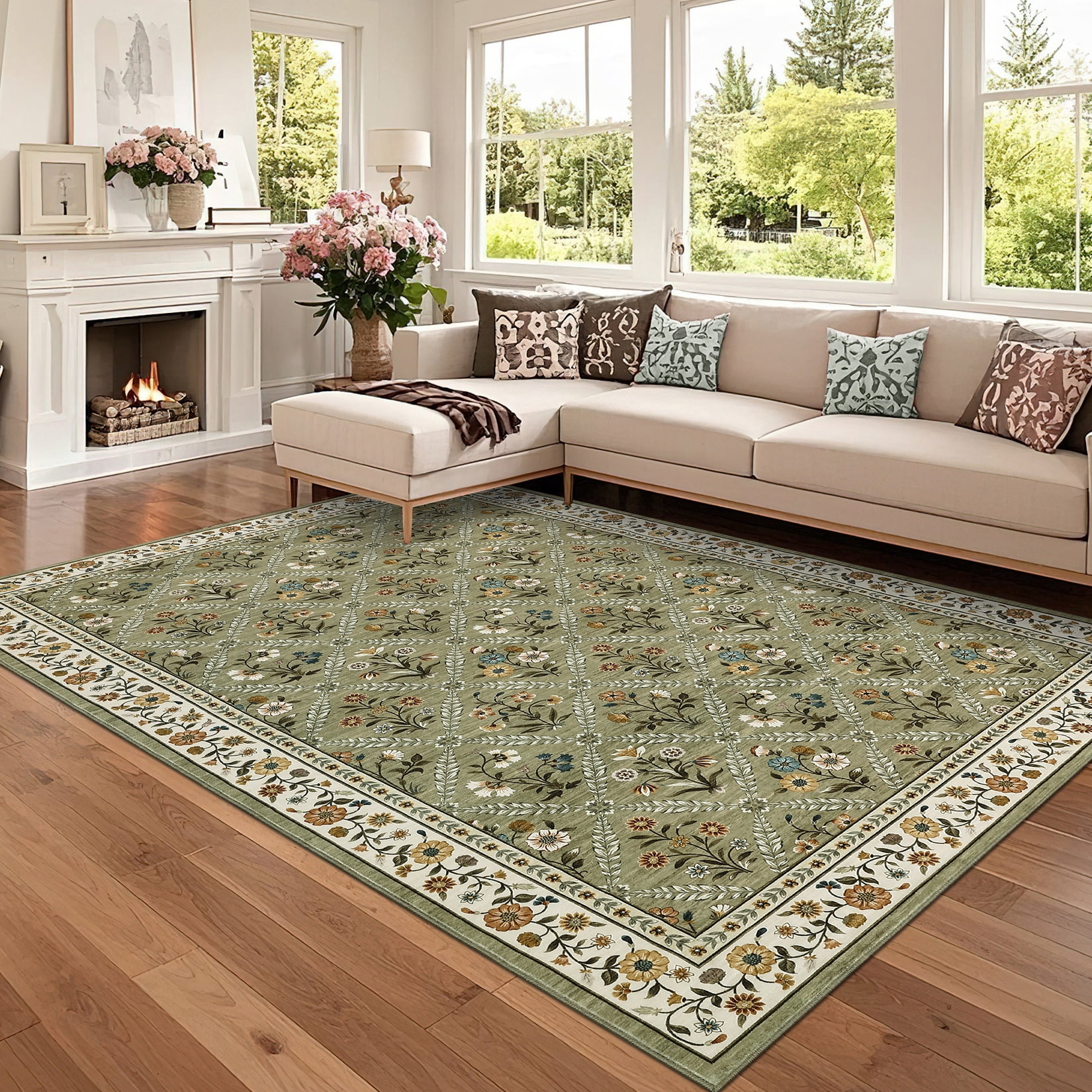 Senfot 8x10 Floral Print Area Rug Machine Washable Non-Slip Stain Resistant Low Pile Bordered Farmhouse Rug for Living Room Bedroom Home Office Green
