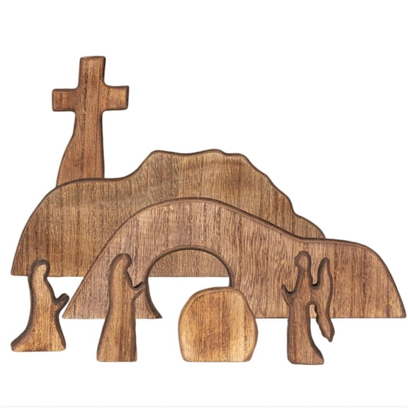 Decorr Empty Tomb Easter Scene and Cross Decoration, Wooden Easter Resurrection Scene Cross Jesus Tomb Tray Set, Jesus Nativity Scene Decor for Religious Home Office Tabletop Christian Gifts
