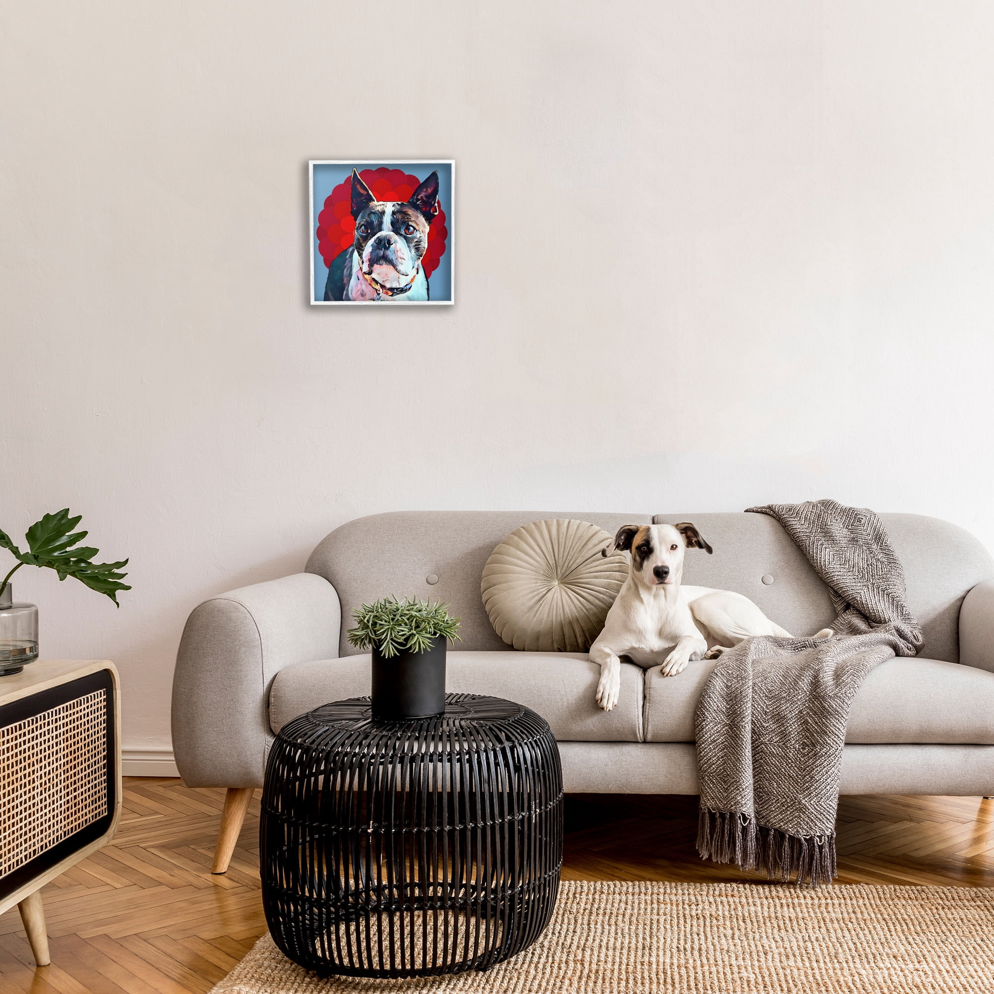 Stupell Industries Boston Terrier Dog over Geometric Animals & Insects Painting White Framed Art Print Wall Art, 17 x 17