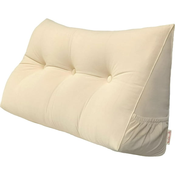 Triangular Reading Bed Rest Pillow Large Bolster Cushion Headboard Backrest Wedge Pillow with Removable Cover and Two Large Side Pockets (Beige, Twin: 39 x 8 x 20 inches)