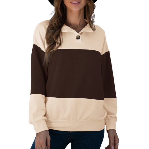 Mujeres Casual Tops Botón Bloque de color Manga larga Sudadera suelta Pullover Abanopi Beige/Extragrande
