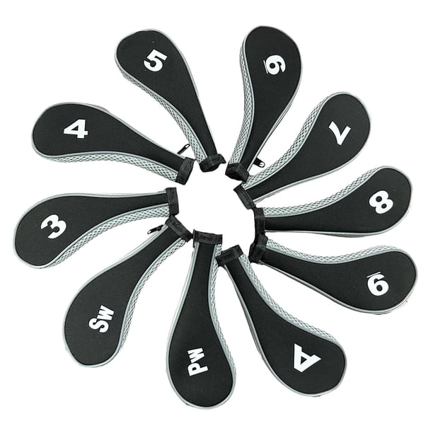 10 piezas de fundas para cabezas de palos de golf, protección para cabezas de palos de golf, etiquetas con números y cuñas gris y negro