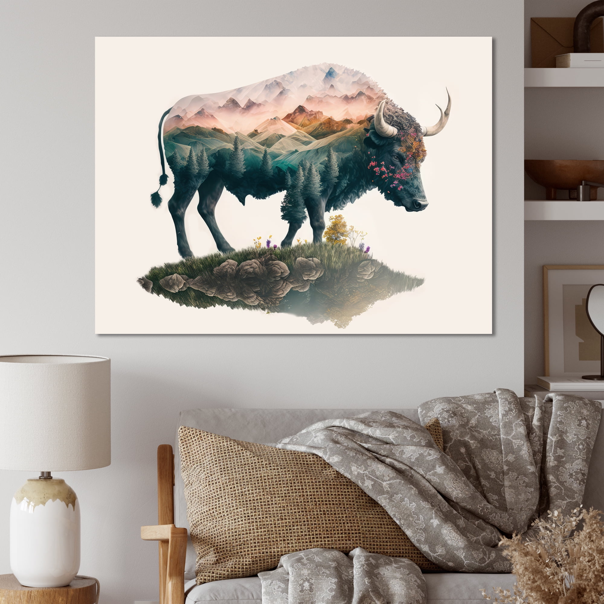 Designart Double Exposure Of A Taurus With Nature Landscape I Canvas Wall Art