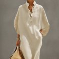 thumbnail image 2 of Morttic Women's Solid Color Chic Summer Travel Outfit – Minimalist Half Button Stand Collar Loose Batwing Sleeve Maxi Dress Beige，XL, 2 of 4