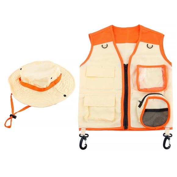 Vogacara Chaleco de explorador para niños, sombrero para acampar al aire libre, senderismo, trajes de aventura, traje de Cosplay con Juegos de césped Naranja