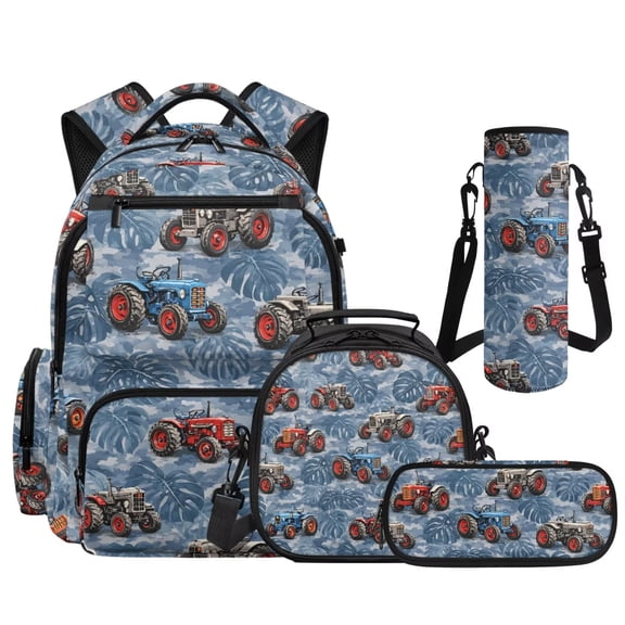 KUIFORTI Blue Tractor Boys Backpack Set 4Pcs, Cool School Bag with Lunch Box Pencil Pouch Water Bottle Sleeve for Elementary Primary Middle School Kids