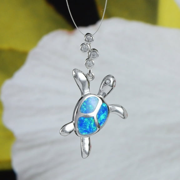 Unique Beautiful Hawaiian Blue Opal Sea Turtle Necklace, Sterling Silver Opal Turtle CZ Pendant, N6158 Birthday Valentine Mom Gift