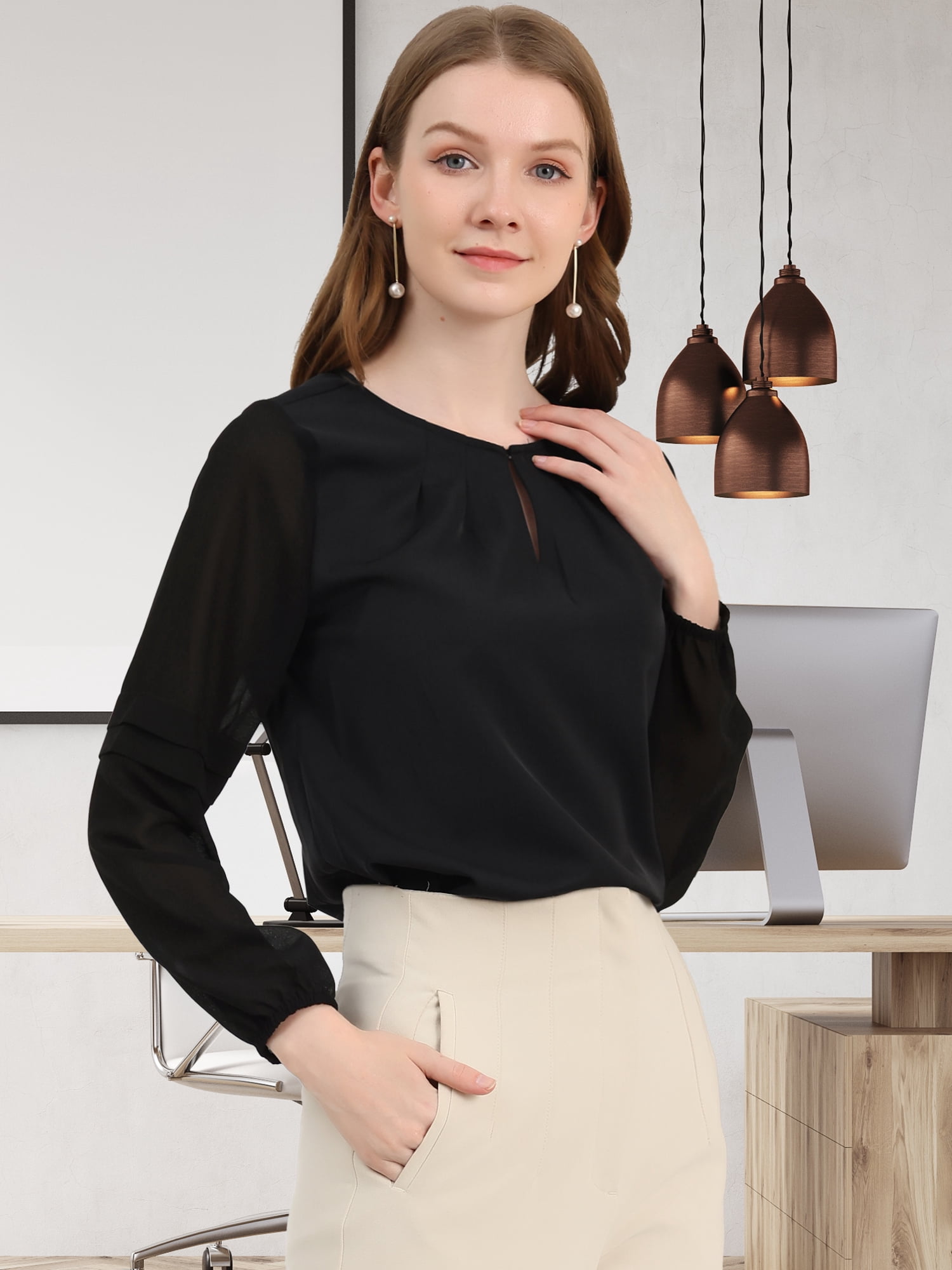 DARING DIVA Chiffon Semi Sheer Long Sleeves Keyhole Neck Blouse XS Black