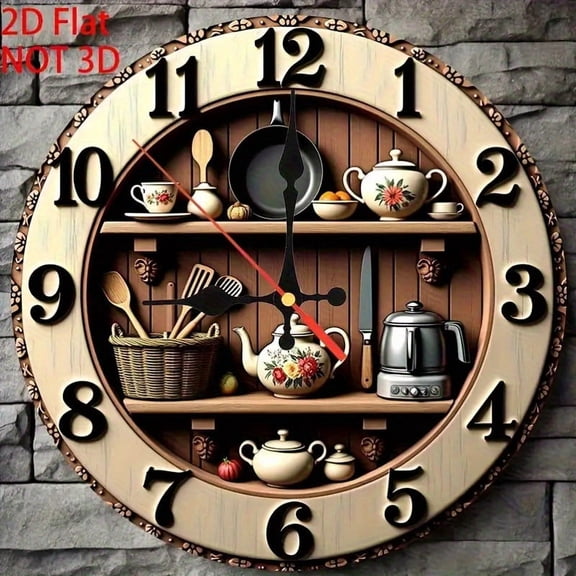 1pc 10‑Inch Retro Silent Decorative Wall Clock, Kitchen Cooking Utensil Artwork, Faux Wood Quartz Clock, Non‑Illuminated Home Decor for Living Room and Bedroom, AA Batteries Not Included