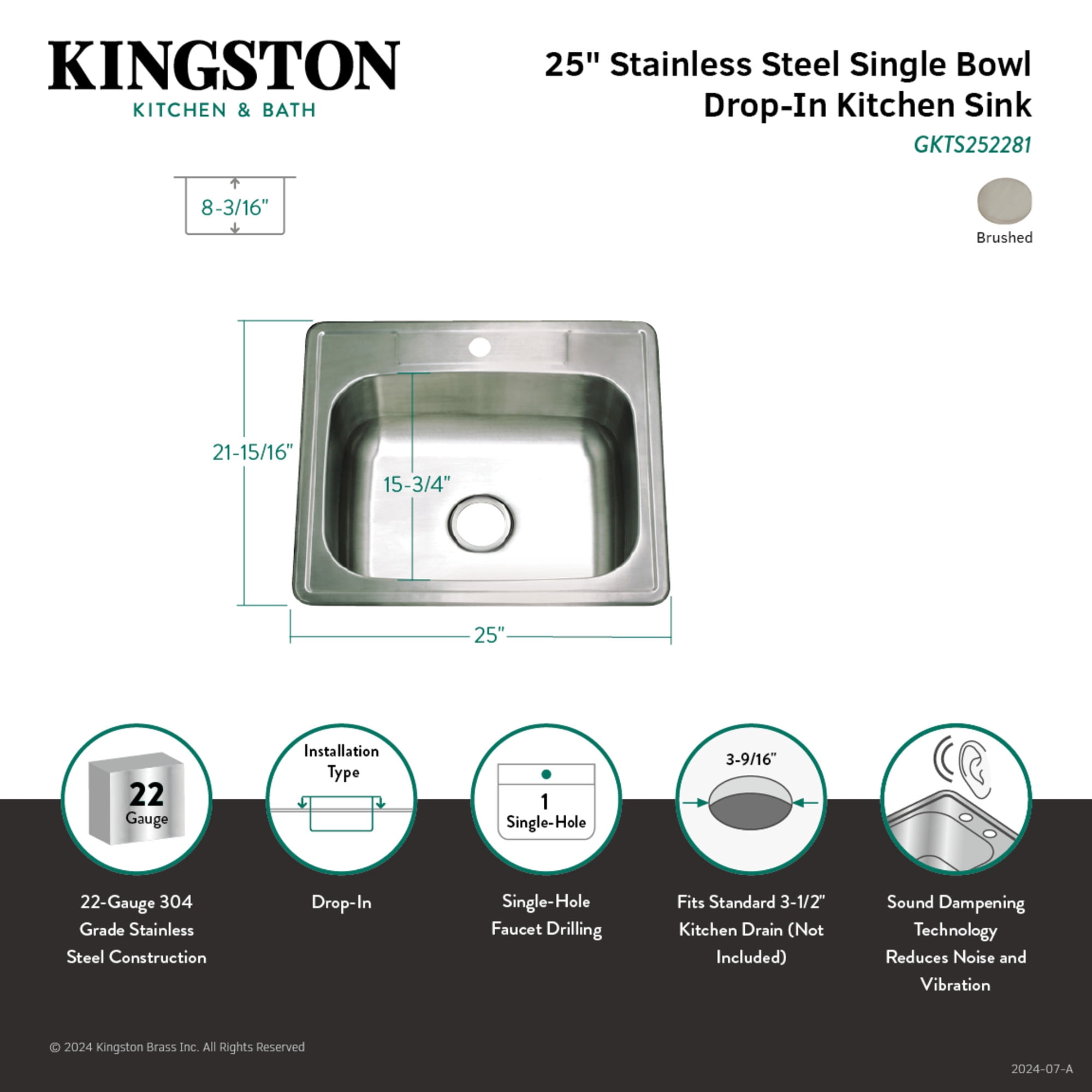 Gourmetier GKTS252281 Studio 25" Stainless Steel Self-Rimming Single Bowl Drop-In Kitchen Sink, Brushed