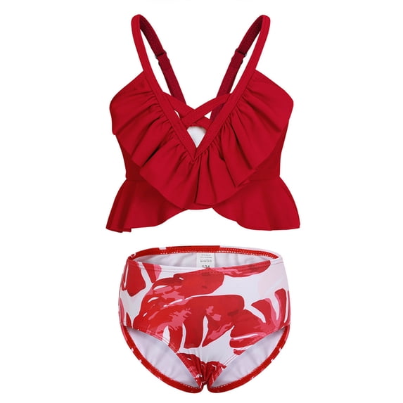 BJUTIR Girls Bathing Suits Toddler 2 Piece Swimsuit Sport Blue Flower Floral Prints High Waist Bikini Set Swimwear Cute Summer Beachwear Red Size 4-5 Years