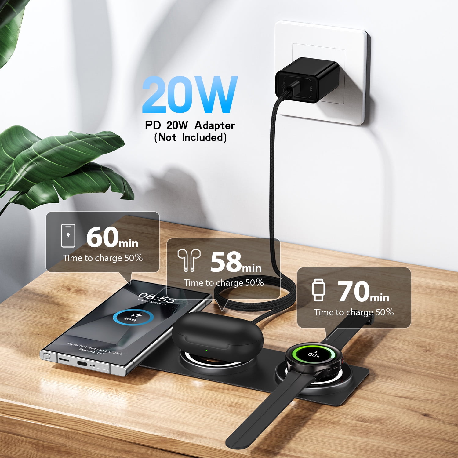 15W Samsung Wireless Charger Pad,3 in 1 Travel Foldable Watch 6 Classic Wireless Charging Station Phone Charger Stand Charging Mat Android Fast Charging dock for Samsung Galaxy S24 S23 Buds 2 Pro Live