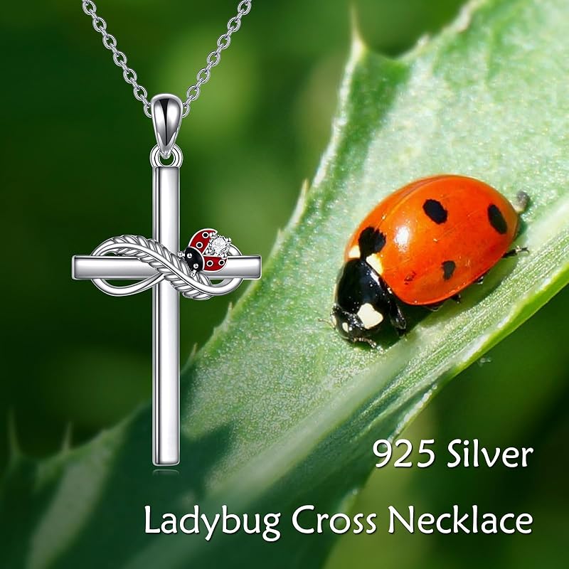 DOLIOX Cross Necklace for Women Sterling Silver Butterfly Bee Ladybug Pendant Necklaces Insect Jewelry Christian Gifts for Women