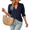 thumbnail image 2 of Timegard Womens Tops Ruched Puff Short Sleeve Stand Collar V Neck Solid Color Casual Work Blouse Summer, 2 of 3