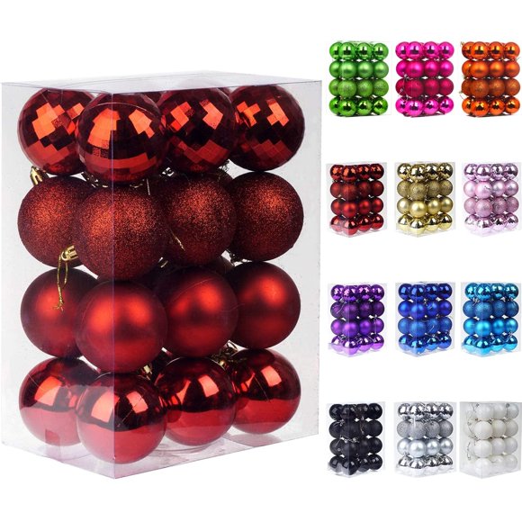 Emopeak 24Pcs Christmas Balls Ornaments for Xmas Christmas Tree - 4 Style Shatterproof Christmas Tree Decorations Hanging Ball for Holiday Wedding Party Decoration (2.4 ""/6.2CM, Red)