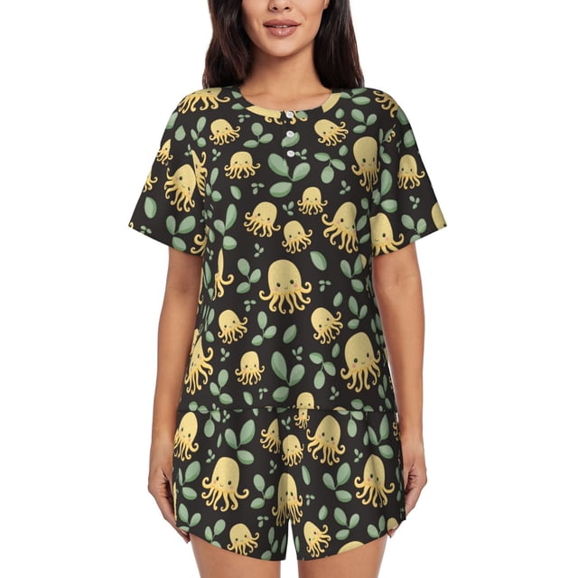 Fotbe Octopuses And Leaves Conjunto de Pijama Estampado para Mujer, 2 Piezas, Ropa de Dormir con Camiseta de Manga Corta y Shorts Suaves-Small