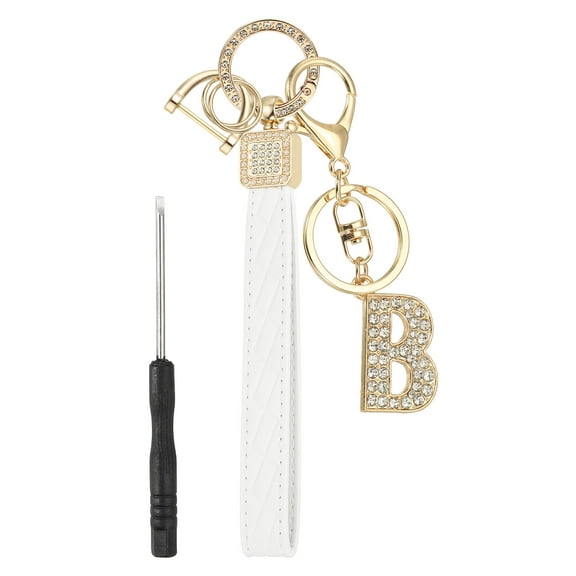 Leather Wristlet Keychain, Letter B Keychains with Key Ring and D Ring Car Keys Keychain Decorative Alphabet Key Chain for Bag Backpack DIY, Gold Tone