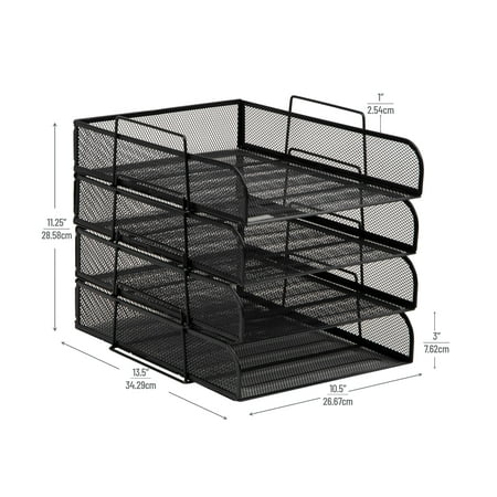 Mind Reader - Stackable Paper Tray, Desktop Organizer, File Storage, Office, Metal Mesh, 10.5"L x13.5"W x11.25"H, 4 Pcs. - Black