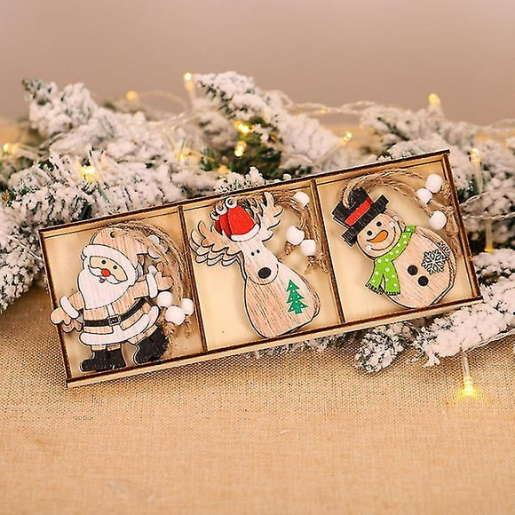 9 piezas de adornos navideños, decoraciones para árboles de madera, manualidades colgantes de madera, adornos de muñeco de nieve de Papá Noel, etiquetas de regalo, decoración y kit de colgantes