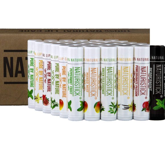 Paquete de 36 bálsamos labiales a granel de Naturistick. Aromas variados. Ingredientes Naturales. Incluye caja expositora para mostrador. El mejor lápiz labial de cera de abejas para labios secos y
