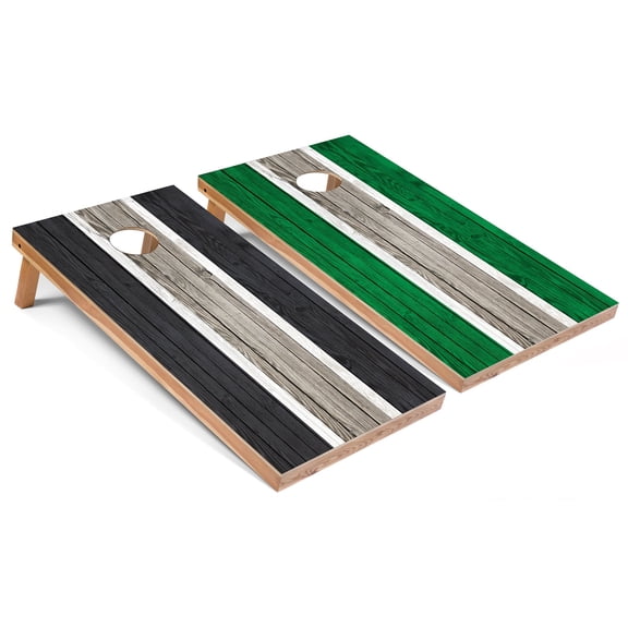 Skip's Garage | Dark Grey and Kelly Striped Cornhole Boards | Includes (2) Boards, (8) Bags & Optional Accessories