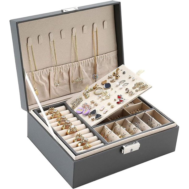 Caja de joyería de Cuero con Cerradura, Organizador de joyas para Mujer 2 Capas Estuche Joyero de Viaje caja de almacenamiento de joyas para Pendientes Anillos Collares