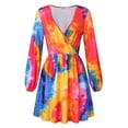 thumbnail image 2 of Women Deep V Neck Empire Waist Skater Dress Long Sleeve Tie Dye Printed Casual Swing Dresses, 2 of 9
