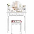 thumbnail image 6 of Makeup Vanity Set with 360° Pivoted Round Mirror & Stool, Vintage Vanity Table and Cushioned Stool Set, Wood Dressing Table for Bedroom，White, 6 of 7