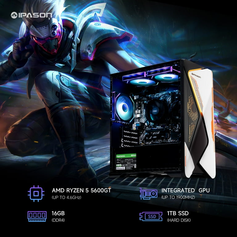 IPASON Gaming Desktop PC, AMD Ryzen 5 5600GT, 16GB RAM, 1TB