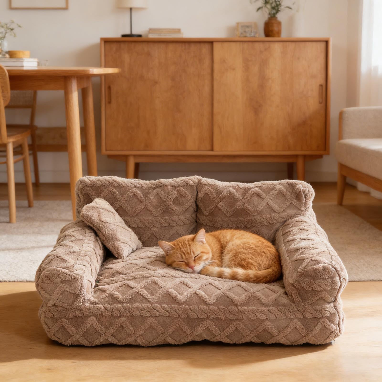 Orthopedic Pet Sofa Bed Removable Washable Plush Cushion Supportive Calming Sleeping Couch for Small Medium Dog Cat Indoor Rest Brown - XL