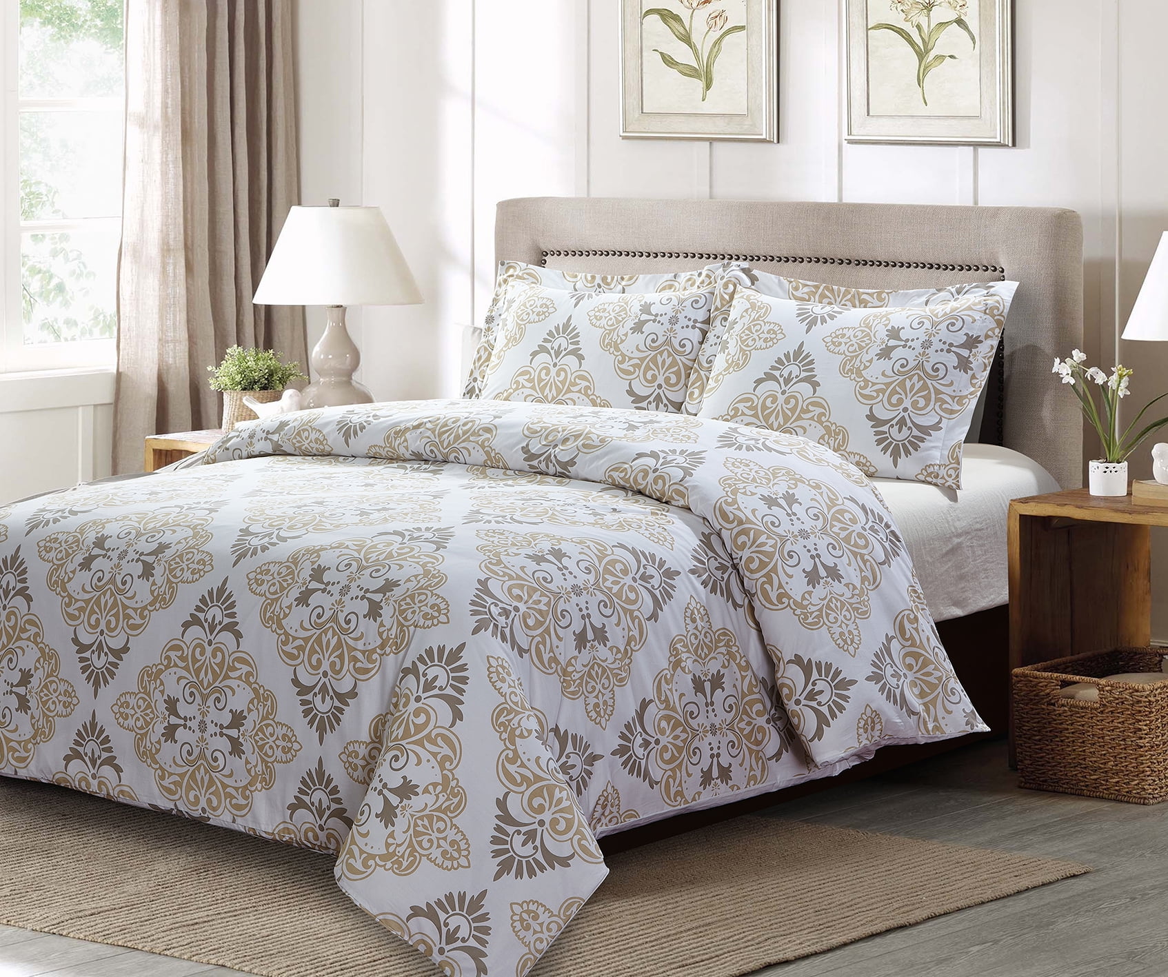 Sibley 3pc 100% Cotton Gray and Taupe Damask Print Duvet Cover Set ...