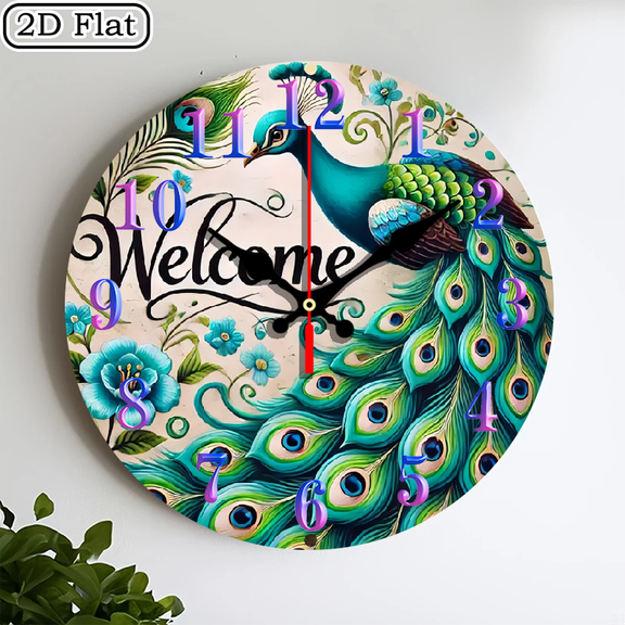 2D flat wooden wall clock, peacock wall clock, silent clock, living room bedroom, room decoration, office decoration, Christmas, New Year, Valentine's Day decoration 10 * 10 inches