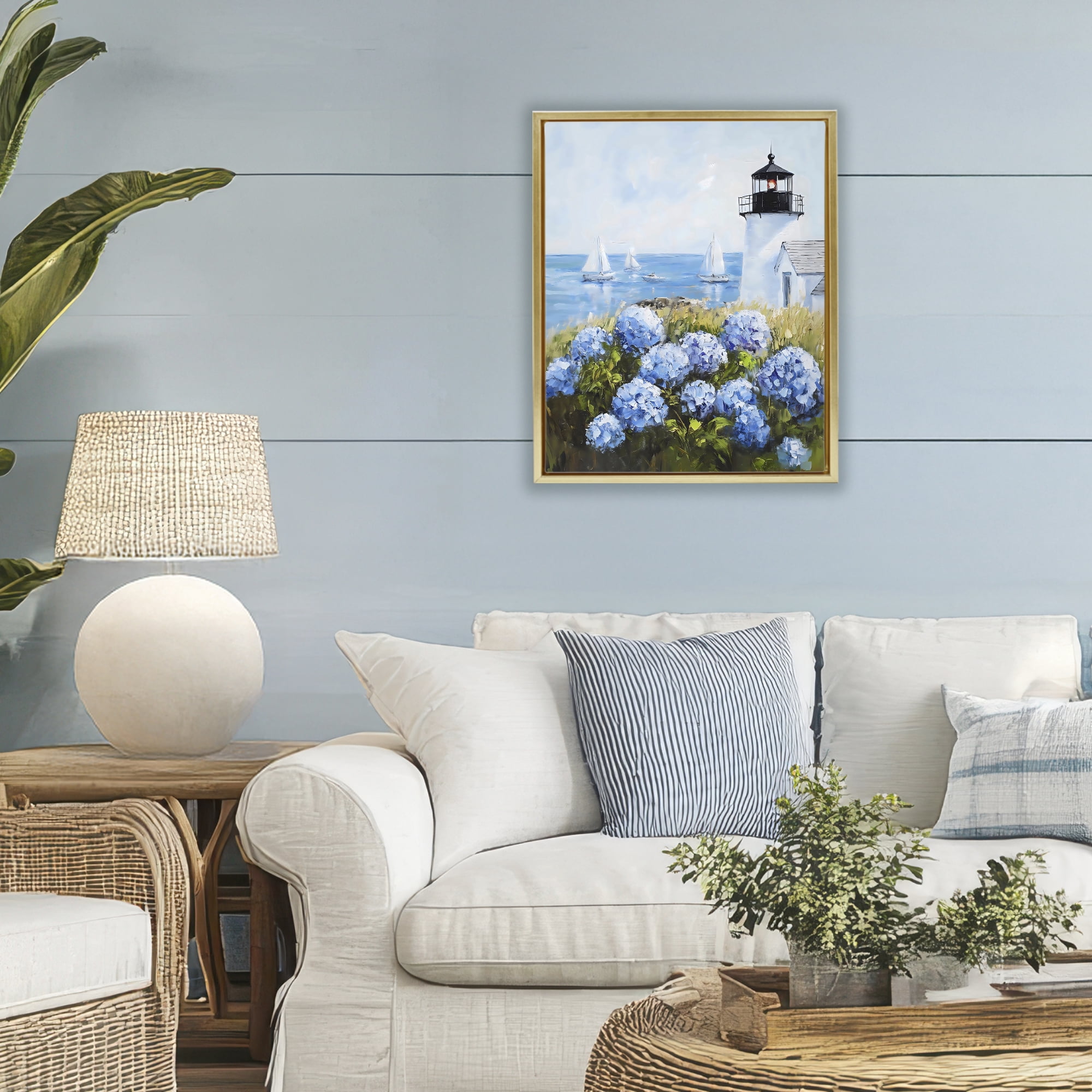 Stupell Industries Lighthouse Surrounded by Hydrangeas Gold Framed Floater Canvas Wall Art, design by Arlington Prints