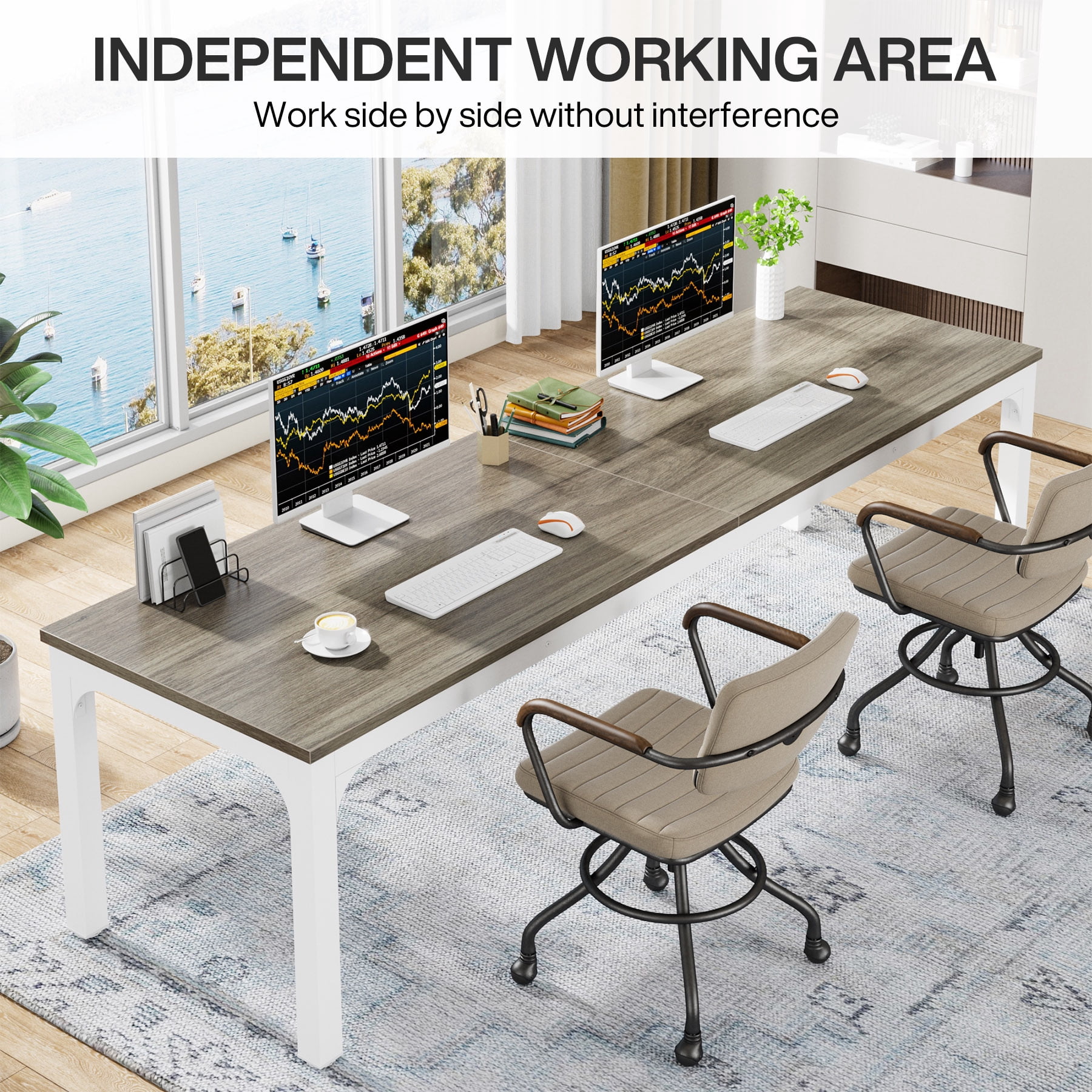 Fnova 78.7" Modern Computer Desk with Wood Desktop, Metal Frame Office Desk, Gray White