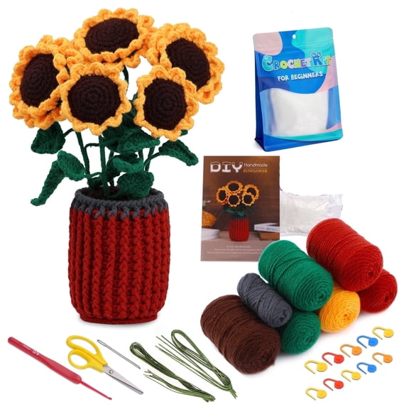 Beginner Crochet Kit, Sunflower Crochet Starter Kit with Yarn, Hook & Accessories, Complete DIY Crochet Kit for Adults, Teens & Beginners, Handmade Craft Gift for Women