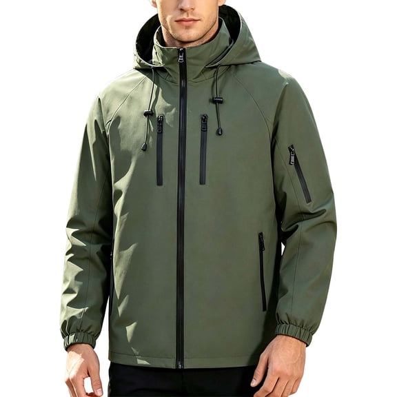 KyCheLot Windbreaker Jackets for Men Zip up Stand Collar Hooded with Multi Pockets Warmth Waterproof Outdoor Raincoat