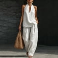 thumbnail image 2 of Sewkxo Womens Linen 2 Piece Sets Fashion Sleeveless V Neck Halter Top Matching Baggy Wide Leg Pants Set Summer Casual Outfits,White XL, 2 of 9