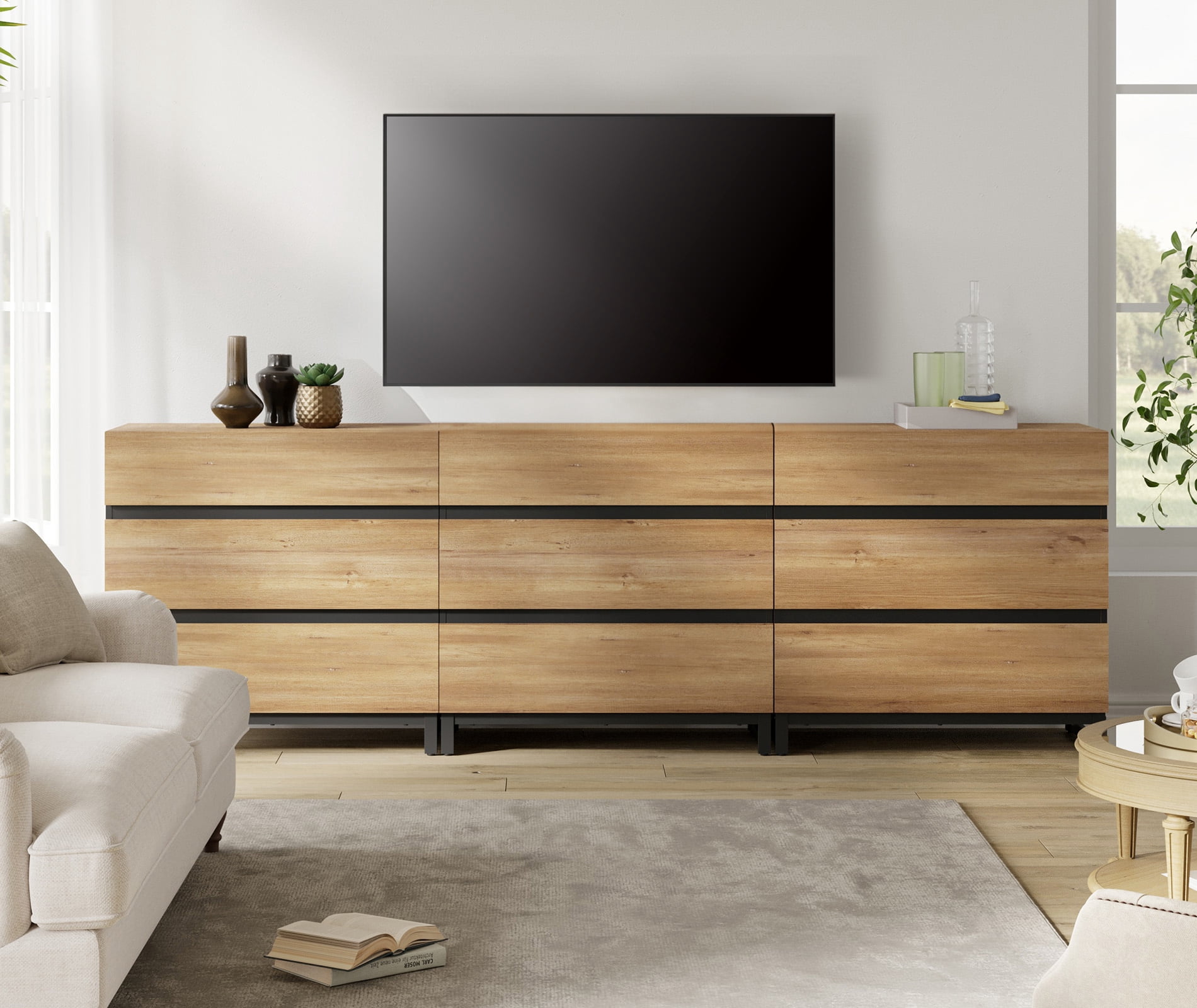WAMPAT 9-Drawer Modern TV Stand with Concealed Handles & Metal Base,Entertainment Center for TVs up to 100 Inch, Media Console for Living Room & Bedroom