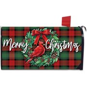 Merry Christmas Cardinal Mailbox Cover Magnetic Standard Size 20.5" x 18", Xmas Wreath Red Green Buffalo Plaid Decorative Post Letter Box Wrap Decor, Winter Holiday Garden Yard Outdoor Decor