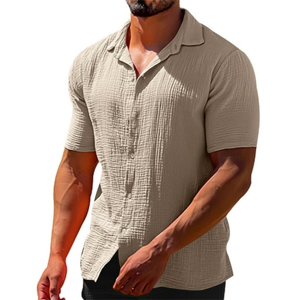 Camisas De Franela Para Hombre Verano Casual Solapa Color sólido Botón de manga corta Camisa de lino para hombres Ropa para hombres (Khaki, XL)
