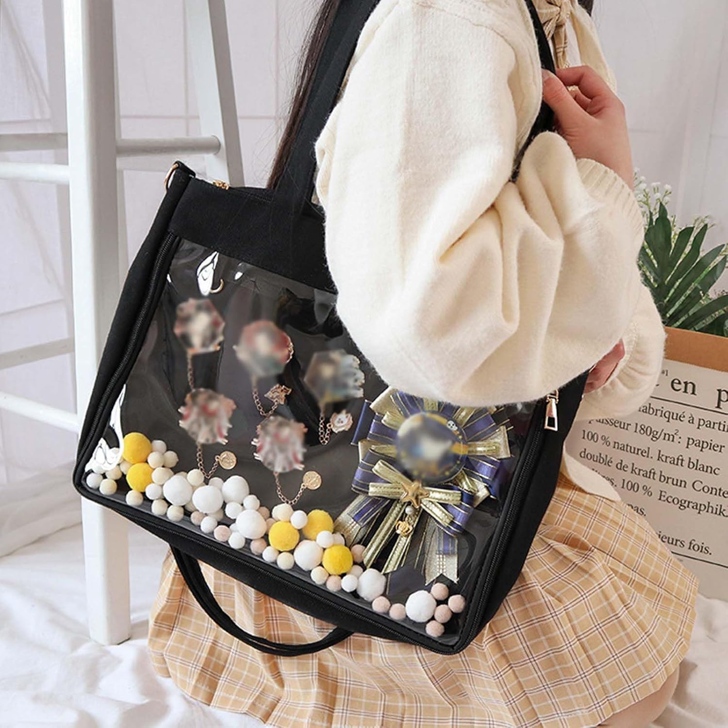 Baguery Ita Bag Canvas Shoulder Tote - Large Transparent Display Window Kawaii Anime Purse, Adjustable Crossbody Bag
