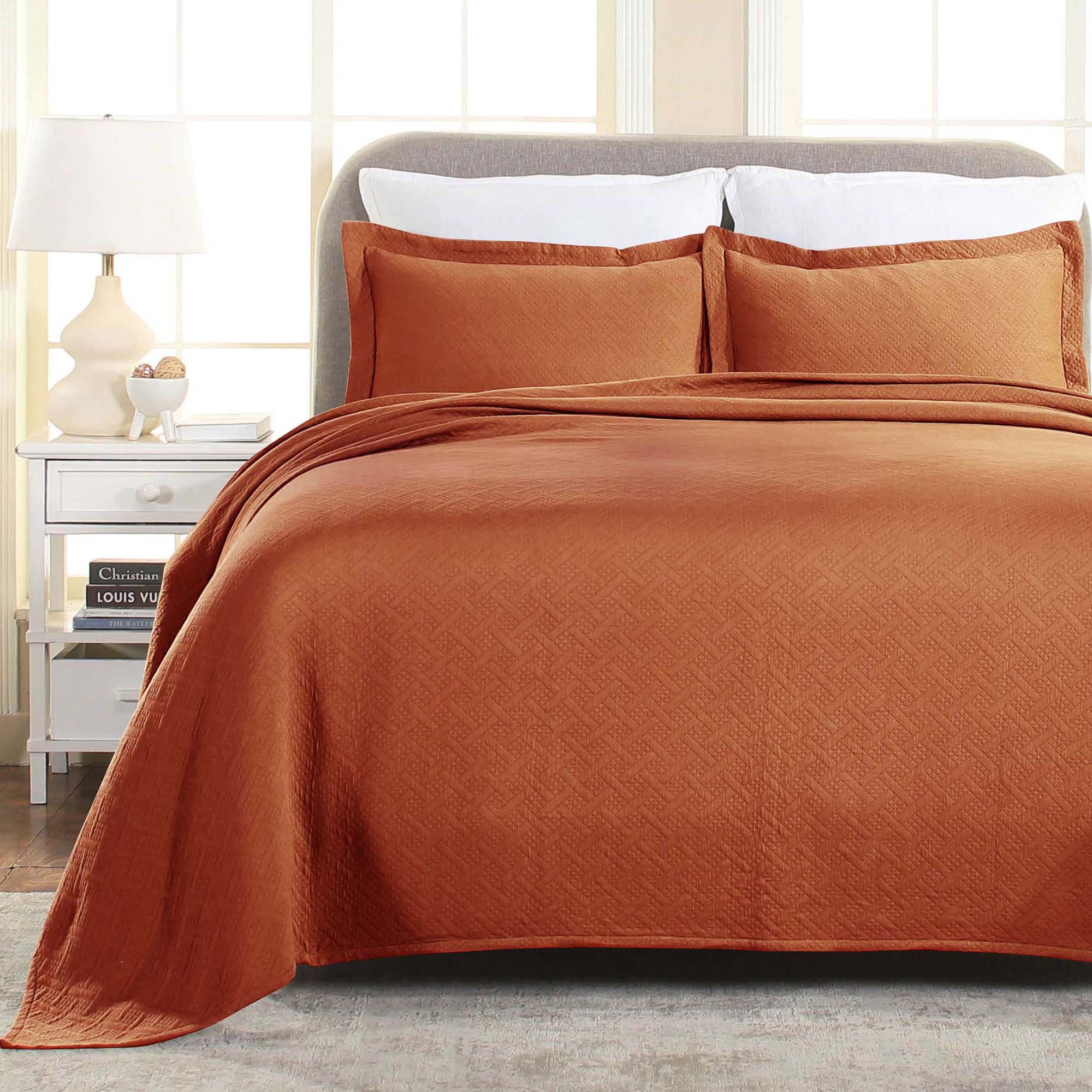 Superior Basket Weave 3 Piece Decorative Cotton Bedspread, Lightweight Bedding Set, Full Size, Mandarin